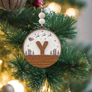 İskandinav Tarzı Y Harfi Yılbaşı Ağaç Süsü, Kişiye Özel Minimalist Noel Baba Desenli Çam Ağacı Süsü
