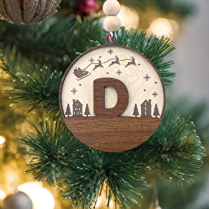 İskandinav Tarzı D Harfi Yılbaşı Ağaç Süsü, Kişiye Özel Minimalist Noel Baba Desenli Çam Ağacı Süsü