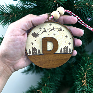 İskandinav Tarzı D Harfi Yılbaşı Ağaç Süsü, Kişiye Özel Minimalist Noel Baba Desenli Çam Ağacı Süsü