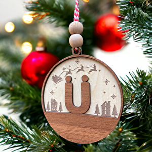 İskandinav Tarzı Ü Harfi Yılbaşı Ağaç Süsü, Kişiye Özel Minimalist Noel Baba Desenli Çam Ağacı Süsü
