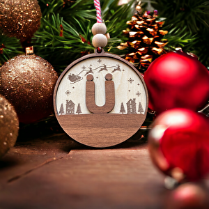 İskandinav Tarzı Ü Harfi Yılbaşı Ağaç Süsü, Kişiye Özel Minimalist Noel Baba Desenli Çam Ağacı Süsü