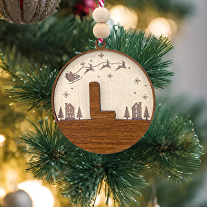 İskandinav Tarzı L Harfi Yılbaşı Ağaç Süsü, Kişiye Özel Minimalist Noel Baba Desenli Çam Ağacı Süsü