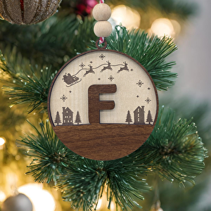 İskandinav Tarzı F Harfi Yılbaşı Ağaç Süsü, Kişiye Özel Minimalist Noel Baba Desenli Çam Ağacı Süsü
