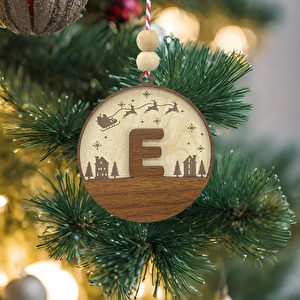İskandinav Tarzı E Harfi Yılbaşı Ağaç Süsü, Kişiye Özel Minimalist Noel Baba Desenli Çam Ağacı Süsü