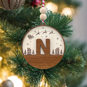 İskandinav Tarzı N Harfi Yılbaşı Ağaç Süsü, Kişiye Özel Minimalist Noel Baba Desenli Çam Ağacı Süsü