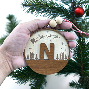 İskandinav Tarzı N Harfi Yılbaşı Ağaç Süsü, Kişiye Özel Minimalist Noel Baba Desenli Çam Ağacı Süsü