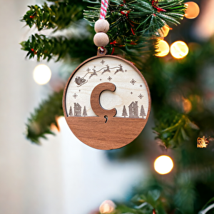 İskandinav Tarzı Ç Harfi Yılbaşı Ağaç Süsü, Kişiye Özel Minimalist Noel Baba Desenli