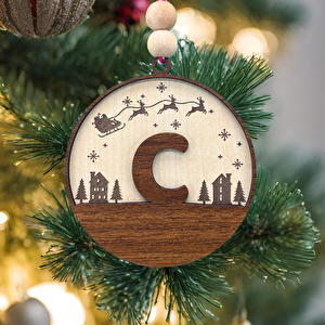 İskandinav Tarzı C Harfi Yılbaşı Ağaç Süsü, Kişiye Özel Minimalist Noel Baba Desenli Çam Ağacı Süsü