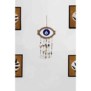 Nazar Boncuklu Hasır Deniz Kabuklu Kötü Göz Kovucu Hand Made Duvar Süsü Rüzgar Çanı