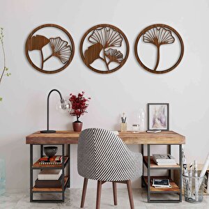 Ahşap Duvar Tablosu, 3 Parça Ahşap Modern Duvar Dekoru, Yaprak Desen Duvar Paneli, Ceviz 71x71 cm