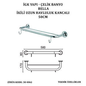 İgk Yapi - Çeli̇k Banyo Bella İki̇li̇ Uzun Havluluk Kancali 50cm (30-006)