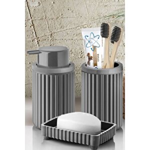 Banyo Takımı Diş Fırçalık Sıvı Sabunluk Katı Sabunluk 3 Lü Set Gri P-3319