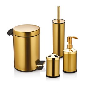 Pedallı Çöp Kovası Tuvalet Fırçası Sabunluk Diş Fırçalık 4 Lü Banyo Aksesuar Seti Banyo Takımı Gold
