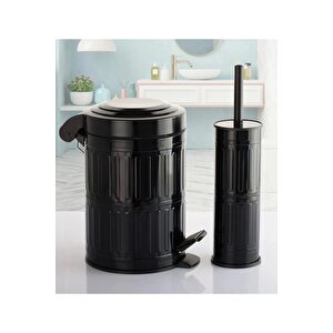 Pedallı Çöp Kovası Tuvalet Wc Fırçası Banyo Çöp Kovası 2'li Banyo Seti 5 Litre Siyah Vintage