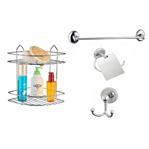 Banyo Aksesuar Seti 4 Lü Krom , Paslanmaz Köşelik Duş Rafı Şampuanlık Krom Ek-02