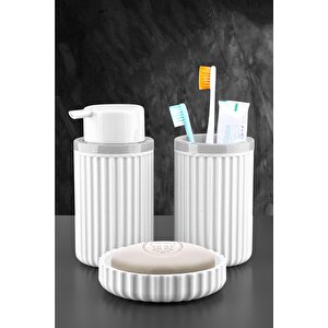 Banyo Takımı Diş Fırçalık Sıvı Sabunluk Katı Sabunluk 3 Lü Set Beyaz 3319