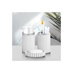 Banyo Takımı Diş Fırçalık Sıvı Sabunluk Katı Sabunluk 3 Lü Set Beyaz 3319