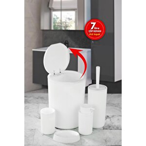 Çöp Kovası Tuvalet Fırçası Sıvı Sabunluk Diş Fırçalık Katı Sabunluk 5 Parça Banyo Seti 7 Litre Beyaz Bb          Raf :  703 - B