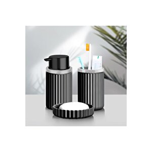 Banyo Takımı Diş Fırçalık Sıvı Sabunluk Katı Sabunluk 3 Lü Set Si̇yah P-3319