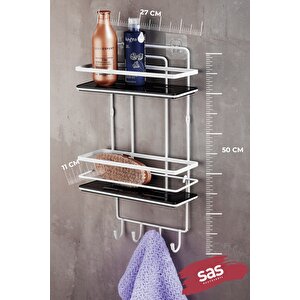 Yapışkanlı Ömür Boyu Paslanmaz Kristal Ayarlanabilir Raf Banyo Düzenleyici Şampuanlık Beyaz - Siyahlş-02 Bsbk