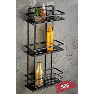 Yapışkanlı Ömür Boyu Paslanmaz Kristal Ayarlanabilir Raf Banyo Düzenleyici Şampuanlık Siyah Lş-03 Ss