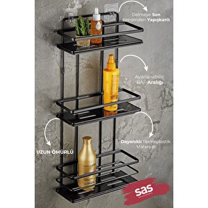 Yapışkanlı Ömür Boyu Paslanmaz Kristal Ayarlanabilir Raf Banyo Düzenleyici Şampuanlık Siyah Lş-03 Ss