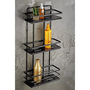 Yapışkanlı Ömür Boyu Paslanmaz Kristal Ayarlanabilir Raf Banyo Düzenleyici Şampuanlık Siyah Lş-03 Ss