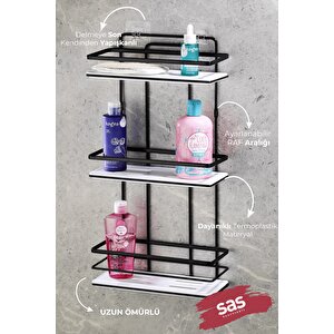 Yapışkanlı Ömür Boyu Paslanmaz Kristal Ayarlanabilir Raf Banyo Düzenleyici Şampuanlık Siyah - Beyaz Lş-03 Sb