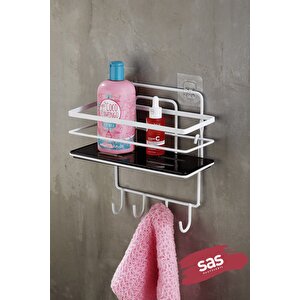 Yapışkanlı Ömür Boyu Paslanmaz Kristal Ayarlanabilir Raf Banyo Düzenleyici Şampuanlık Beyaz - Siyah Lş-01 Bsbk