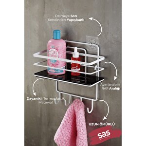 Yapışkanlı Ömür Boyu Paslanmaz Kristal Ayarlanabilir Raf Banyo Düzenleyici Şampuanlık Beyaz - Siyah Lş-01 Bsbk