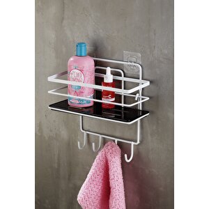 Yapışkanlı Ömür Boyu Paslanmaz Kristal Ayarlanabilir Raf Banyo Düzenleyici Şampuanlık Beyaz - Siyah Lş-01 Bsbk