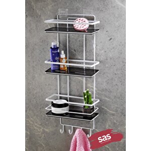 Yapışkanlı Ömür Boyu Paslanmaz Kristal Ayarlanabilir Raf Banyo Düzenleyici Şampuanlık Beyaz - Siyah Lş-03 Bsbk