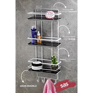 Yapışkanlı Ömür Boyu Paslanmaz Kristal Ayarlanabilir Raf Banyo Düzenleyici Şampuanlık Beyaz - Siyah Lş-03 Bsbk