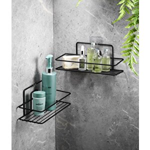 Yapışkanlı Banyo Düzenleyici Şampuanlık Duş Rafı Siyah 2 Adet 2 Telli Tş-01