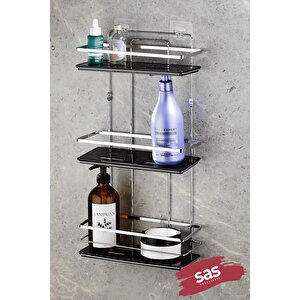 Yapışkanlı Ömür Boyu Paslanmaz Kristal Ayarlanabilir Raf Banyo Düzenleyici Şampuanlık Krom Siyah Lş-03 Ks