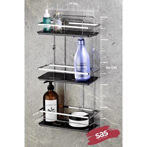 Yapışkanlı Ömür Boyu Paslanmaz Kristal Ayarlanabilir Raf Banyo Düzenleyici Şampuanlık Krom Siyah Lş-03 Ks