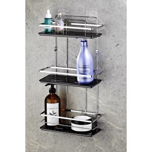 Yapışkanlı Ömür Boyu Paslanmaz Kristal Ayarlanabilir Raf Banyo Düzenleyici Şampuanlık Krom Siyah Lş-03 Ks