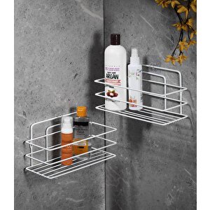 Ömür Boyu Paslanmaz Yapışkanlı Banyo Düzenleyici Şampuanlık Duş Rafı 2 Adet Beyaz Tş-01