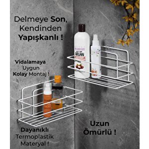 Ömür Boyu Paslanmaz Yapışkanlı Banyo Düzenleyici Şampuanlık Duş Rafı 2 Adet Beyaz Tş-01