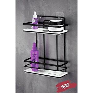 Yapışkanlı Ömür Boyu Paslanmaz Kristal Ayarlanabilir Raf Banyo Düzenleyici Şampuanlık Siyah - Beyaz Lş-02 Sb