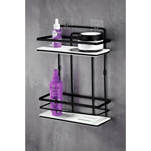 Yapışkanlı Ömür Boyu Paslanmaz Kristal Ayarlanabilir Raf Banyo Düzenleyici Şampuanlık Siyah - Beyaz Lş-02 Sb