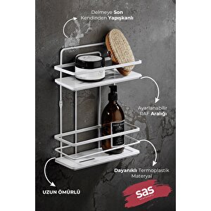 Yapışkanlı Ömür Boyu Paslanmaz Kristal Ayarlanabilir Raf Banyo Düzenleyici Şampuanlık Beyaz - Beyaz Lş-02 Bb