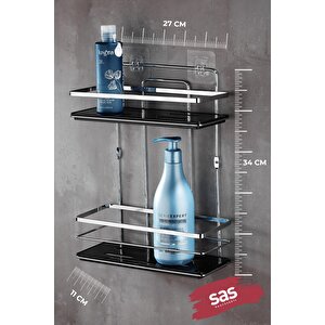 Yapışkanlı Ömür Boyu Paslanmaz Kristal Ayarlanabilir Raf Banyo Düzenleyici Şampuanlık Krom - Siyah Lş-02 Ks