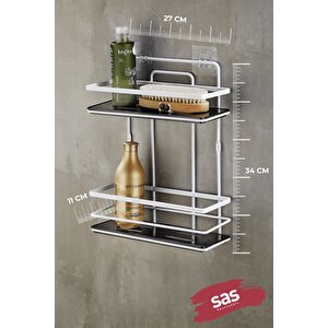 Yapışkanlı Ömür Boyu Paslanmaz Kristal Ayarlanabilir Raf Banyo Düzenleyici Şampuanlık Beyaz - Siyahlş-02 Bs
