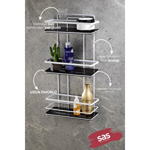 Yapışkanlı Ömür Boyu Paslanmaz Kristal Ayarlanabilir Raf Banyo Düzenleyici Şampuanlık Beyaz - Siyah Lş-03 Bs