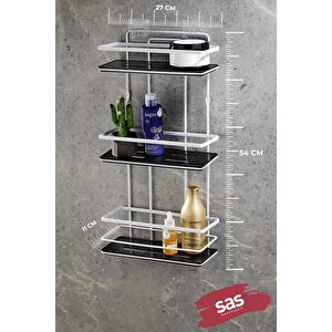 Yapışkanlı Ömür Boyu Paslanmaz Kristal Ayarlanabilir Raf Banyo Düzenleyici Şampuanlık Beyaz - Siyah Lş-03 Bs