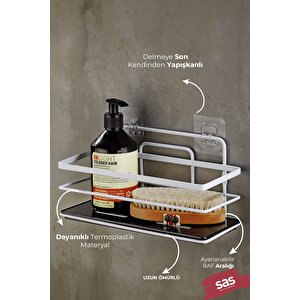 Yapışkanlı Ömür Boyu Paslanmaz Kristal Ayarlanabilir Raf Banyo Düzenleyici Şampuanlık Beyaz - Siyah Lş-01 Bs