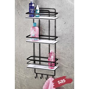 Yapışkanlı Ömür Boyu Paslanmaz Kristal Ayarlanabilir Raf Banyo Düzenleyici Şampuanlık Siyah - Beyaz Lş-03 Sbsk