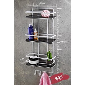 Yapışkanlı Ömür Boyu Paslanmaz Kristal Ayarlanabilir Raf Banyo Düzenleyici Şampuanlık Siyah - Beyaz Lş-03 Sbsk