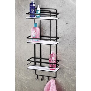 Yapışkanlı Ömür Boyu Paslanmaz Kristal Ayarlanabilir Raf Banyo Düzenleyici Şampuanlık Siyah - Beyaz Lş-03 Sbsk